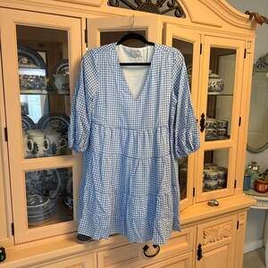 Lilou Blue and White Gingham V-Neck Tiered Babydoll Mini Dress